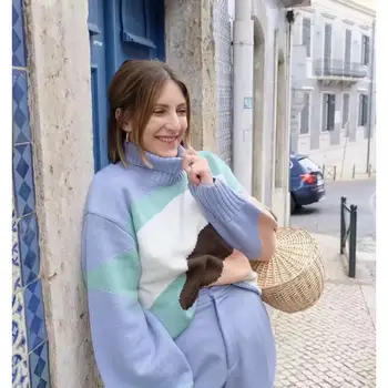 Kvinder patchwork holde varm pullover 2020 vinter fashion damer rullekrave fuld ærme solf bomuld trøje smarte kvinde