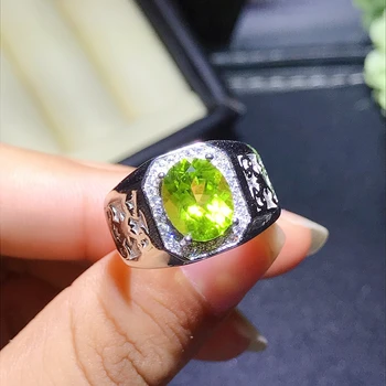 Naturlige olivin mænds ring grøn Sten Ring i 925 Sterling Sølv, fødselsdag, gave, som omfatter certifikat