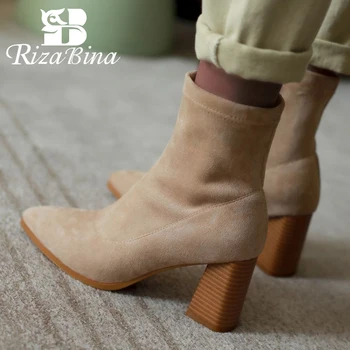 RIZABINA Kvinder Ankel Støvler Spids Tå Sok Støvler med Chunky Hæl Ruskind Læder-Slip-On Sko Solid Farve Sexede Støvler Størrelse 34-39