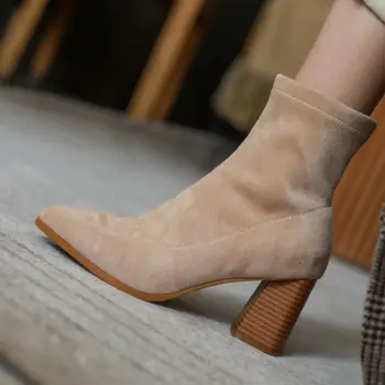 RIZABINA Kvinder Ankel Støvler Spids Tå Sok Støvler med Chunky Hæl Ruskind Læder-Slip-On Sko Solid Farve Sexede Støvler Størrelse 34-39