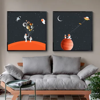Astronaut Plads Ballon Kanvas at Male Abstrakt Stjerneklar Fantasi Væg Kunst, Plakater og Prints Nordisk Barn Kids Soveværelse Indretning