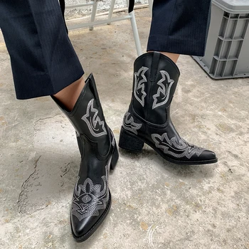 Brodere Kvinder Støvler Med Hæle Retro Ridder Støvler Kvindelige Ægte Læder Botas Mujer Vestlige Cowboy Støvler Salg 2020 Efteråret Ny