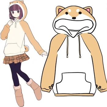 Oge Shiba Inu Kawaii Dejlige Velour-Long-sleeve Hætteklædte Tegnefilm Anime Tegneserie Stil Varm Vinter Hooded Dame Hættetrøje
