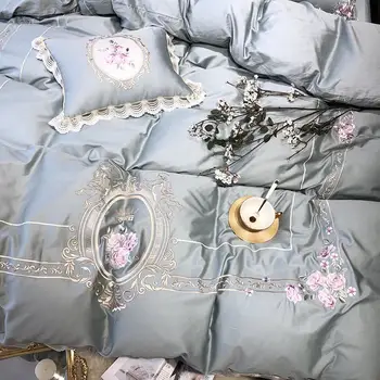 Egyptisk bomuld, Luksusværelse med Kingsize-Queen size Sengetøj Sæt Broderi dynebetræk Klassisk Blå Pink Bed cover sæt couvre lit de luxe