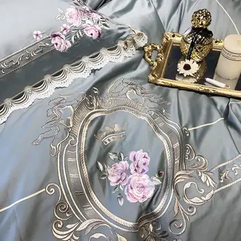Egyptisk bomuld, Luksusværelse med Kingsize-Queen size Sengetøj Sæt Broderi dynebetræk Klassisk Blå Pink Bed cover sæt couvre lit de luxe