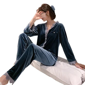Guld Fløjl Pyjamas Kvinder 2020 Efterår Og Vinter Varm Sleep Set Kvindelige Lange Ærmer Tops + Bukser Sexet Homewear Damer Blonder Pijama
