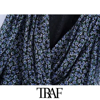 TRAF Kvinder Chic Mode blomsterprint, der er Beskåret, Bluser Vintage Lange Ærmer Tilbage Elastic Hem Kvindelige Skjorter Smarte Toppe
