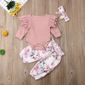 Nyfødte Baby Pige Tøj Sæt Vinter ensfarvet langærmet Heldragt, Blomst, Bukser Hovedbøjle 3stk Tøj Nyfødte Spædbarn Tøj