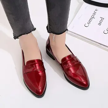 2020 Nye Efteråret Lejligheder Kvinder Sko Bowtie Loafers Patent Læder Elegant Lave Hæle Slip på Fodtøj Kvindelige Tyk Hæl Spidse Tå