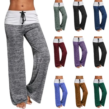 2021 Nye Kvinder Løse Leggings Bred Ben Snøre Yoga Pants Trænings Bukser Med Høj Talje Kvindelige Patchwork Boot Cut Bukser Plus Størrelse