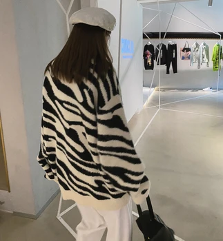 2020 Fashion Tyk Efterår Og Vinter Strikkede Kvinder O-Hals Falske Mår Hår Zebra-Stribet Løs Trøjer Pullover Jersey Jumper S88
