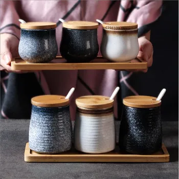 Japansk-stil keramiske krydderi krukke sæt husstand med låg salt, sukker, krydderi krukke køkken forsyninger krydderier box tank