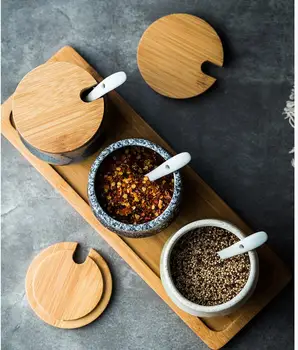Japansk-stil keramiske krydderi krukke sæt husstand med låg salt, sukker, krydderi krukke køkken forsyninger krydderier box tank
