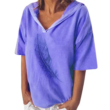 GRATIS STRUDS Kvinder T-Shirts ensfarvet Fjer Print Hætteklædte Korte Ærmer Tendens Elegant og Ædel Vogue Sommer T-Shirt Til Kvinder