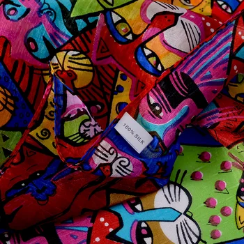 [BYSIFA] Ægte Silke Tørklæde 2019 Tegnefilm Katte Design Foulard Femme Lange Tørklæder Foråret Falder Damer Hijab Tørklæder Sommer Strand Sjal