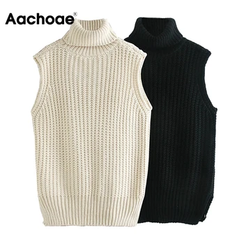 Aachoae Kvinder Solid Farve Rullekrave Vest Sweater Casual Jakke Strikket Pullover Jumpere Smarte Vest Overdele