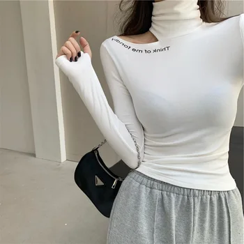 T Shirt Women Off Shoulder Tops for Women Long Sleeve Turtleneck Female Black White Sexy Clothing New 2021 women t shirt