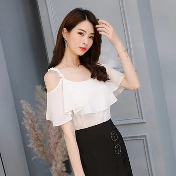 Skjorter Kvinder 2020 Forår Sommer Nye Koreanske Mode Stil Kvinder Alle Match Faste Chiffon Daglige Slank Fritid Hunner Korte Ærmer