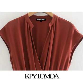 KPYTOMOA Kvinder 2020 Chic Mode Med Bælte Plisserede Pjusket Midi Kjoler Vintage V-Hals, Korte Ærmer Kvindelige Kjoler Vestidos