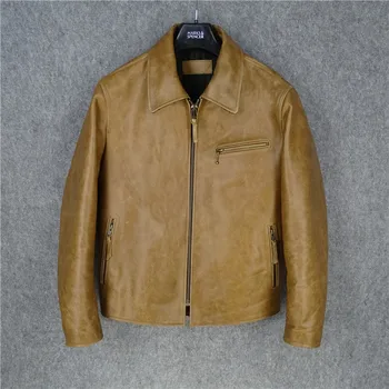 Gratis forsendelse.1.2 mm tyk koskind pels,man ægte vintage læder Jakke,klassiske 1930'er-biker jakker,brown salg