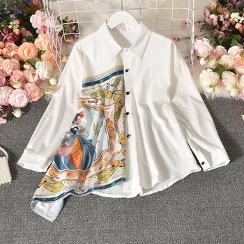 Vintage Print Shirts Kvinder Uregelmæssige Løs Koreansk Modetøj Falde Harajuku-Shirt Efteråret Bluse Streetwear Toppe Blusas