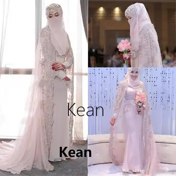 Pink Havfrue Muslimske Brudekjoler Med Lange Jakke Pynt Hijab Vestido De Noiva Dubai Arabisk Bryllup Kjole Bruden Kjole
