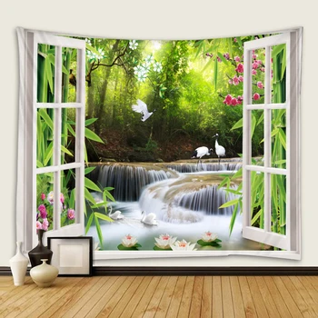 3D-vinduet smukke natur mosaik væg hængende grønne bambus skov, vandfald gobelin gng klud soveværelse stue, sovesal