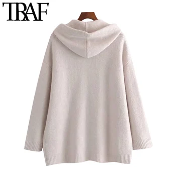 TRAF Kvinder Mode Med Lommer Overdimensionerede Strikket Sweater Vintage Justerbar Snøre Hætte Kvindelige Pullovere Smarte Toppe