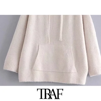 TRAF Kvinder Mode Med Lommer Overdimensionerede Strikket Sweater Vintage Justerbar Snøre Hætte Kvindelige Pullovere Smarte Toppe