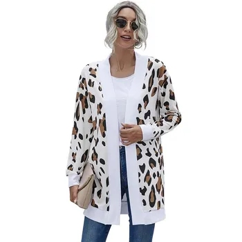 Nye Ankomst 2020 Efterår Og Vinter Kvinder Strikket Leopard Frakke Afslappet Langærmet Cardigan Overfrakke Mode Kvindelige Lang Frakke Toppe