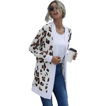 Nye Ankomst 2020 Efterår Og Vinter Kvinder Strikket Leopard Frakke Afslappet Langærmet Cardigan Overfrakke Mode Kvindelige Lang Frakke Toppe