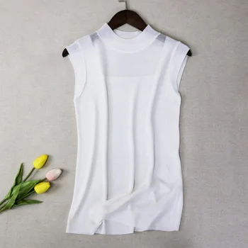 Kvinders Is Silke, Strikket Slank Solid Skjorte 2020 Sommer Mode Damer TopsHop Hvid Ærmeløs O-hals Elegante, Feminine Bluser