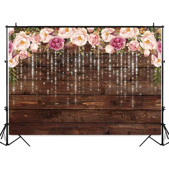 Floral Rustic Wooden Backdrop Pink Rose Wedding Bridal Shower Photography Background Photo Studio Birthday Party Banner Decor