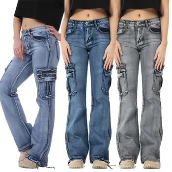 Kvinders Y2k Fragt Flare Jeans Vintage Kæreste Stil Efterår og Vinter Casual Multi Pocket Vasket Denim Bell Bottom Bukser Plus Størrelse