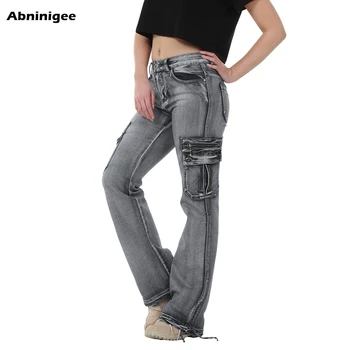 Kvinders Y2k Fragt Flare Jeans Vintage Kæreste Stil Efterår og Vinter Casual Multi Pocket Vasket Denim Bell Bottom Bukser Plus Størrelse