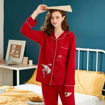FENTENG Efteråret Pyjamas For Kvinder Mode Broderi Revers Bomuld Hjem Passer til Kvinder Kausale Pyjamas Sæt J98132469