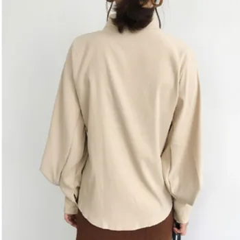 NIJIUDING Kvinder Shirt, Toppe I 2020 Foråret Efteråret Nye Sort Vintage Lanterne Ærme Stå Krave Single-breasted Solid Bluser Kvindelige