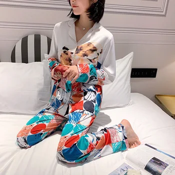 Kvinder Nye langærmet Pyjamas Sæt Mode Satin Silke Print Homewear Fritid Tøj Kvinder i Lange Bukser, Pyjamas Sæt 2STK Nattøj