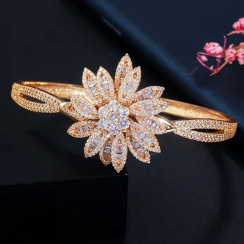 Pera Høj Kvalitets Cubic Zirkonia Indstilling Indisk Stil Gul Guld 3D Flower Rundt armbånd Armbånd til Bryllup Kvinder Smykker Z052