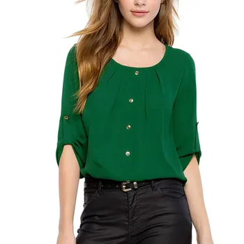 Grøn Gul Kvinder Chiffon Skjorte Blusas Femininas Toppe Elegante Damer Formelle Kontor Bluse Plus Size O-Hals Skjorte Kvinder
