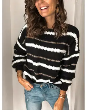 Womens Sweater Efterår Og Vinter Varme Strikkede Trøjer Pullover 2019 Damer O-Hals Lange Ærmer Patchwork Casual Jumper Plus Størrelse