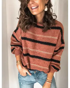 Womens Sweater Efterår Og Vinter Varme Strikkede Trøjer Pullover 2019 Damer O-Hals Lange Ærmer Patchwork Casual Jumper Plus Størrelse