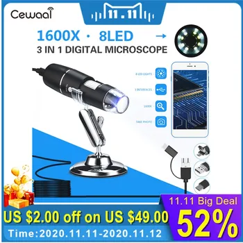 Cewaal 3 I 1 Nye Bærbare HD 1600X 2MP Zoom Mikroskop 8 LED Micro USB Type-c Digital Håndholdt Forstørrelsesglas inspektionskamera