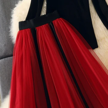 Elegant vinter-efterår Kvinder Strik Soild Pullover Sweater +Elastisk Talje sort rød Mosaik Mesh blonde Nederdele To Stykker Sæt