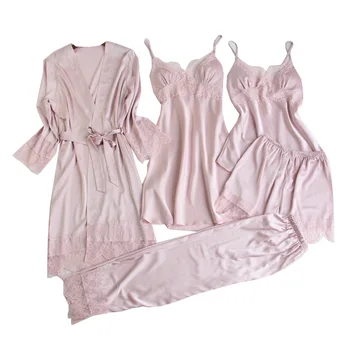 5 Stykker/sæt Sø Blå Kvinder Pyjamas Sæt Satin Blonder Sexet Pijama 2020 Pyjama Mujer Pyjamas Til Kvinder Silk Flower Print Nattøj
