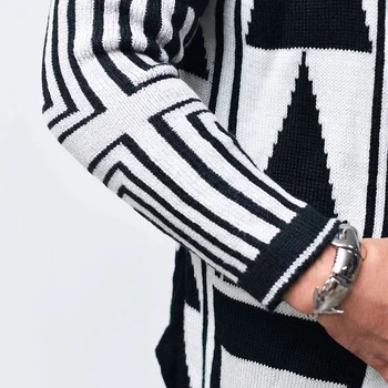 Geometriske Strikket Cardigan Sweater Mænd 2020 Efteråret Herre Lang Strik Trøjer Pels Casual Slim Fit Stå Krave Trække Homme