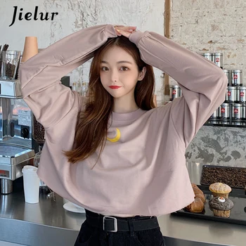 Jielur New Moon Print koreanske T-shirt Kvinder Løs, Tynd, Kort Top Sort Hvid Pink Søde Piger T-shirts Smarte Beskåret Hoody Pullover
