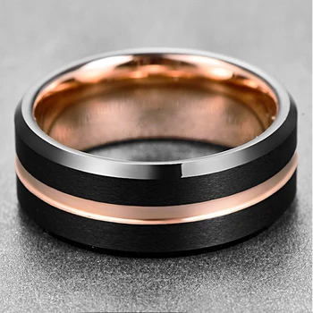 BONLAVIE Rose Gold Tungsten Bryllup Band Ring Rillede Sort Børstet Finish Comfort Fit Størrelse 7 til 12