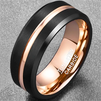 BONLAVIE Rose Gold Tungsten Bryllup Band Ring Rillede Sort Børstet Finish Comfort Fit Størrelse 7 til 12