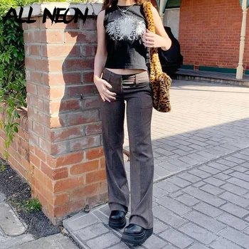 ALLNeon Indie Æstetik Lav Talje Brune Bukser Y2K Streetwear Vintage Slim Flare Pants 90'erne Mode Tøj Casual Lange Bukser